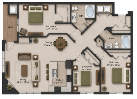 Floor plan for 3 beds, 2 baths, 1444 sqft
